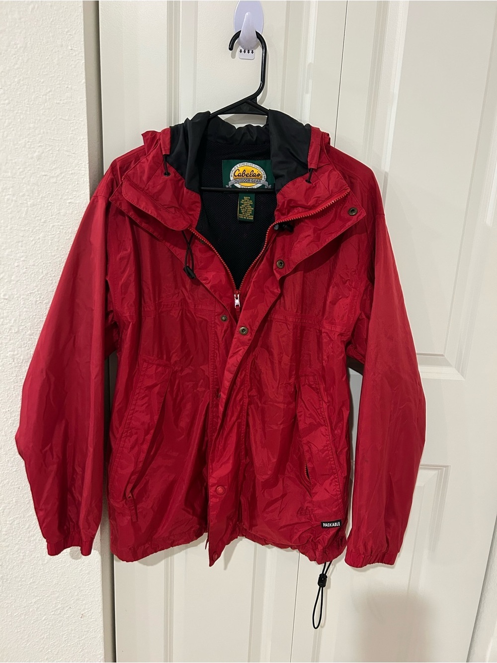 Cabela's Red Hooded Women's Rain Jacket with Black Hood Lining
